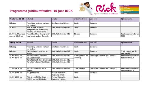 Jubileumfestival RICK timetable